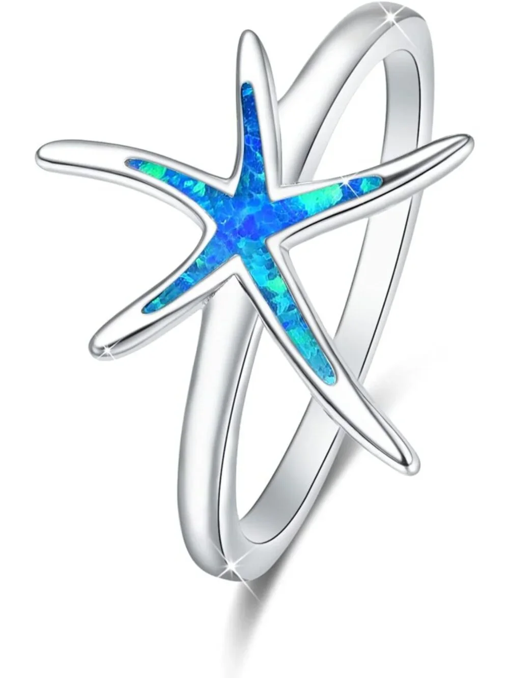 Elegant 925 Sterling Silver Starfish Ring with Blue Opal - Fashion Jewelry Gift